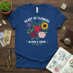 Heart of Flowers Bloom & Grow t-shirt with floral heart graphic and nature-inspired text