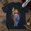 Heaven Miss Ly! quote on a t-shirt featuring a saintly warrior in armor holding a flaming torch