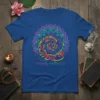 Blue t-shirt featuring the "heavily meditated" text with a colorful Ganesha graphic and mandala design