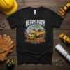 Heavy Duty Construction Crew t-shirt design with dump truck and excavator graphics, white and orange text