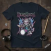 Heavy Meowel T-Shirt with a fierce cat drummer wearing headphones and playing drums, featuring vibrant neon lightning bolts