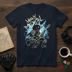 Heavy Meowtal cat playing guitar graphic t-shirt design with city skyline and music notes