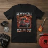 Heavy Metal Rolling Out t-shirt design with a red fire truck surrounded by flames and chains