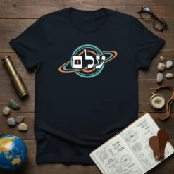 Navy t-shirt with "עולם" (Olam - World) in white Hebrew text, surrounded by a colorful planet-like graphic with rings