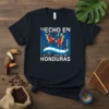 Hecho en Honduras t-shirt design with macaws, barcode, and flag. Features text "Hecho en Honduras" and numbers