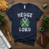 Hedge Lord T-Shirt featuring crossed hedge trimmers and a crown, with white text on a navy blue shirt