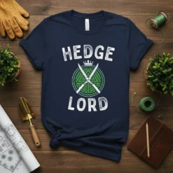 Hedge Lord T-Shirt featuring crossed hedge trimmers and a crown, with white text on a navy blue shirt