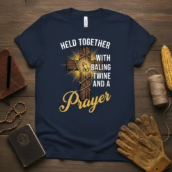 Christian t-shirt with text "HELD TOGETHER WITH BALING TWINE AND A Prayer" featuring a wooden cross and praying hands graphic