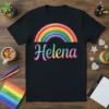Black t-shirt with the name Helena in rainbow gradient lettering and a colorful rainbow arch above it