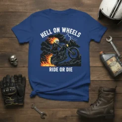 Hell on Wheels Ride or Die text with a skull on a motorcycle engulfed in flames and lightning