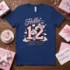 Hello 12 Est. 2013 birthday t-shirt with pink script text, large number 12, balloons, and hearts