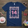 Hello 14 Est. 2012 T-Shirt design with pink frosting numbers and cherries, celebrating a 14th birthday