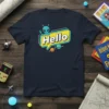 Navy blue t-shirt with a cartoon alien saying "Hello" in a yellow speech bubble, surrounded by planets