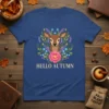 Hello Autumn t-shirt design with a deer head in a floral wreath and text "HELLO AUTUMN"