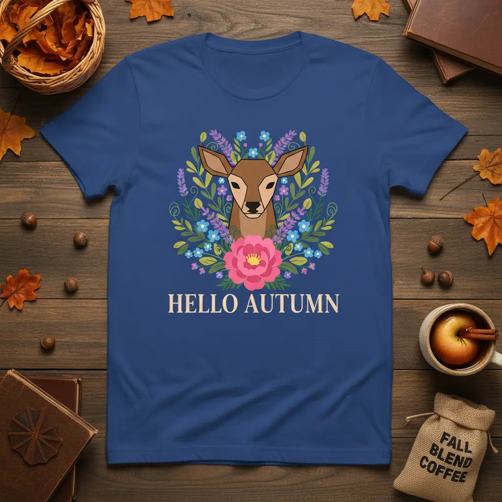 Hello Autumn text with a deer and floral wreath graphic on a blue t-shirt