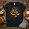 Hello Autumn T-Shirt with a cute fox graphic surrounded by colorful fall leaves and acorns