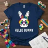 Navy blue t-shirt with "HELLO BUNNY" text and a cartoon bunny wearing rainbow sunglasses and bandana
