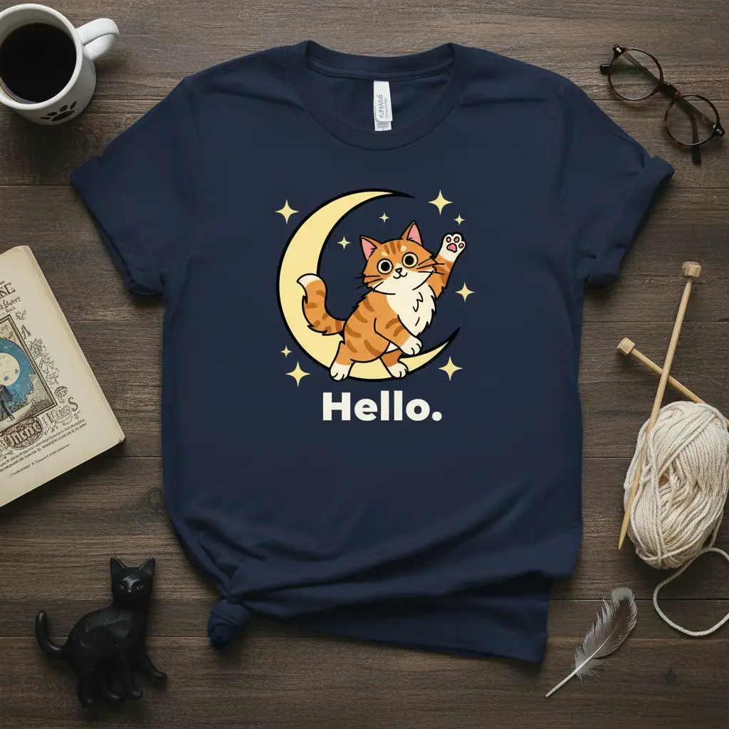 Hello Cat Moon Waving unique artwork printed on comfortable cotton fabric creating a standout t-shirt