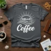 Hello Coffee T-Shirt design with text "HELLO" above "Coffee" and a coffee cup graphic