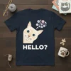 Curious cat peeking with "HELLO?" text on a navy blue t-shirt, perfect for cat lovers