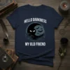 Hello Darkness My Old Friend t-shirt with a crescent moon, cat eyes, and bats graphic