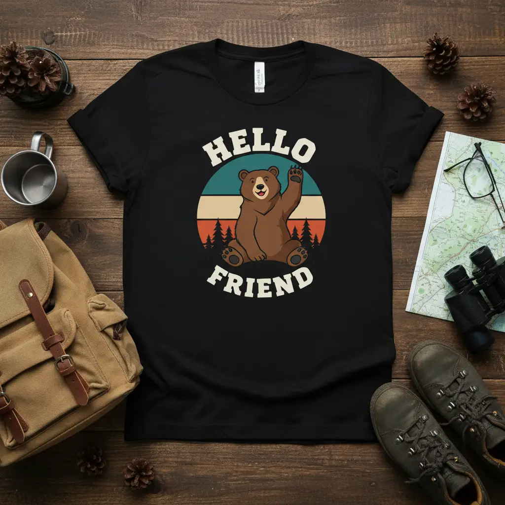 Hello Friend text and waving bear graphic on a black t-shirt, retro sunset forest design
