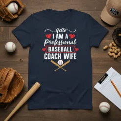 T-shirt with "Hello I AM A Professional BASEBALL COACH WIFE" text in white and red, featuring baseball graphics and hearts