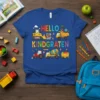 Blue t-shirt with "Hello Kindergarten" text and colorful construction vehicles like a tractor and dump truck