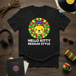 Hello Kitty Reggae Style T-Shirt with a cute lion wearing a crown on a Rasta-colored circle