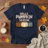 Hello Pumpkin Season text design with three pumpkins featuring leopard print, glitter, and buffalo plaid patterns