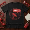 Black t-shirt with red HELLO text in a speech bubble above a satellite dish graphic, with radiating signal waves