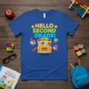Hello Second Grade! text with a cartoon yellow school bus carrying diverse children, surrounded by school supplies, on a royal