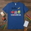 Hello Second Grade t-shirt with cute apple, books, backpack, and pencil graphics for teachers and students