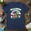 Hello Spring! t-shirt with cute gnomes, pink flowers, a green tulip, and bees under a pastel rainbow