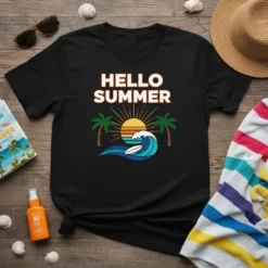 Black t-shirt with "HELLO SUMMER" text, palm trees, sunset, and a surfing wave graphic