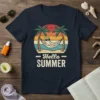 Hello SUMMER t-shirt design with a cat in a hammock between palm trees, retro sunset background