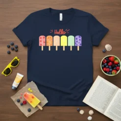 Hello SUMMER text above colorful popsicles on a navy blue t-shirt design, perfect for summer lovers