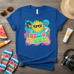 Retro "HELLO SUMMER" text design with a smiling sun, palm trees, ice cream cones, and peace signs on a blue
