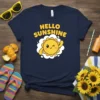 Navy t-shirt with "Hello Sunshine" text and a cute smiling sun graphic with a wink