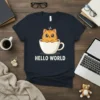 Hello World text with a cute orange cat in a white coffee cup design on a navy t-shirt