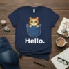 Hello. Cat Pocket T-Shirt with a cute orange tabby cat peeking out of a blue pocket graphic