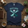 Navy blue t-shirt with "HELP & HEAL" text, hands holding a heart with a paw print, and a dog and