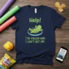 Navy t-shirt with green text "Help! I've Fallen And I Can't Get Up!" and a cartoon turtle on a float