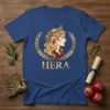 Hera Greek mythology t-shirt design featuring the queen of gods name in gold lettering, framed by a laurel wreath