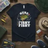 Here Fishy Fishy t-shirt with a bass fish graphic and fishing rod, perfect for anglers and fishing dads
