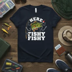 Here Fishy Fishy t-shirt with a bass fish graphic and fishing rod, perfect for anglers and fishing dads
