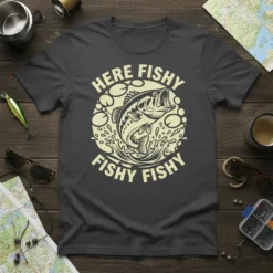Here Fishy Fishy Fishy Fishy bass fishing quote on a dark t-shirt with a graphic of a jumping fish