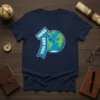 Here You Are Earth T-Shirt with a cute smiling globe and blue arrow pointing to it