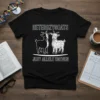T-shirt design with white text "HETEROZYGOATS JUST ALLELE UNEVEN" and two cartoon goats, one black and one patterned