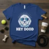 Hey Dood t-shirt design with a white doodle dog wearing sunglasses and a sunburst effect